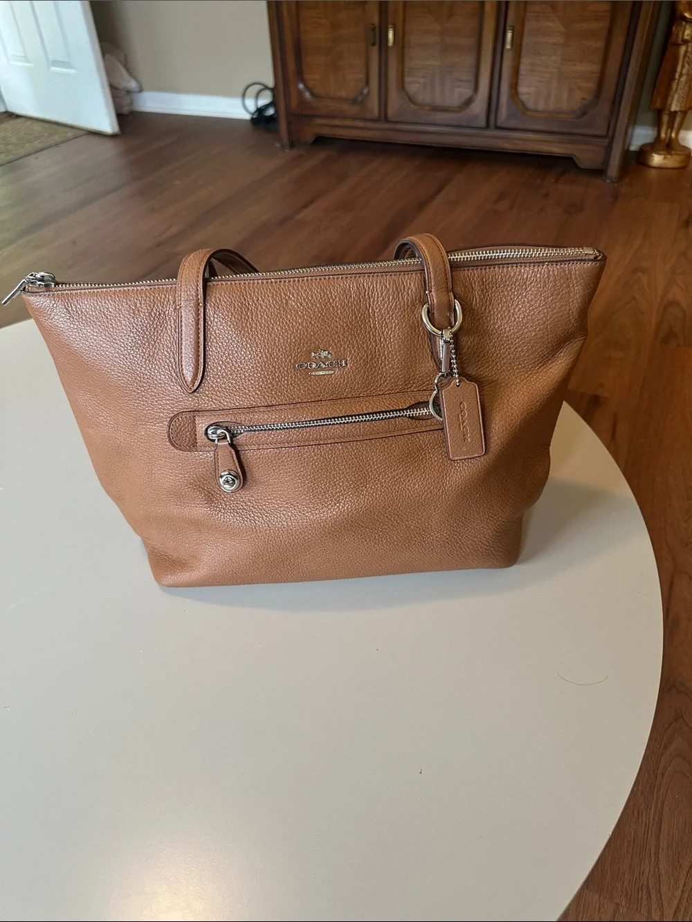 Coach Tan Pebbled Leather Tote with Front Zip Pocket